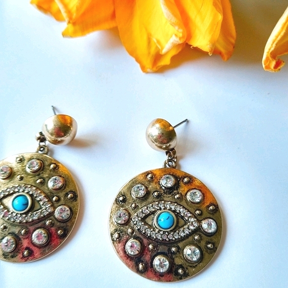 Evil Eye Crystal Vintage Gold Dangle Earrings - Picture 4 of 7